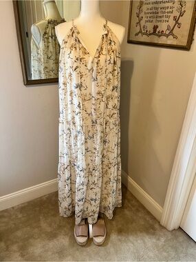 DREW Cream Floral V-Neck Maxi Dress with Tie Straps